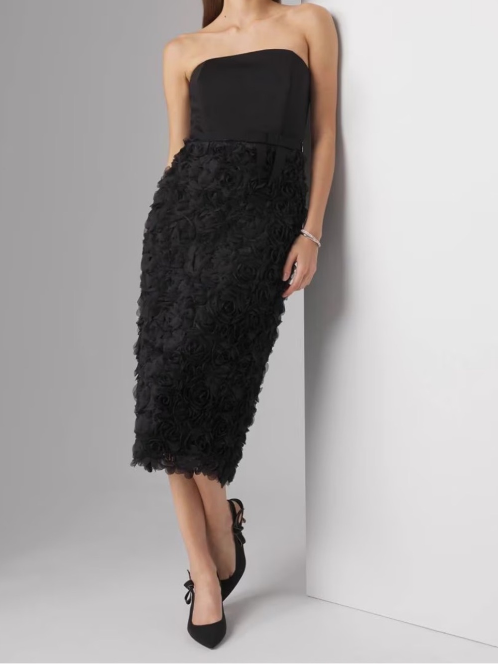 WHBM Black Strapless Sheath Dress Midi Elegant Floral Size 6P NWT 570371725